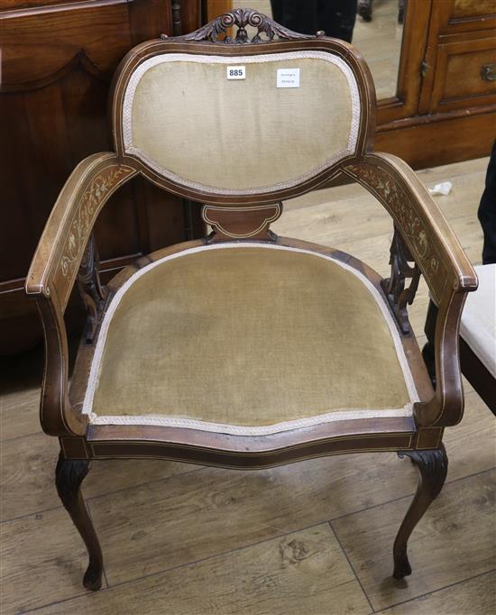 An Edwardian walnut and marquetry open armchair, with kidney shaped back, padded seat and cabriole legs